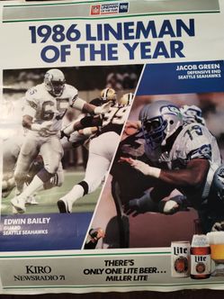 Vintage 1986 Seattle Seahawks Lineman of the Year poster, Edwin Bailey/Jacob Green, Miller Lite
