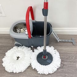 (New) $25 Spin Mop System with Wheels & Handle, Include 2pcs Replacement microfiber mops
