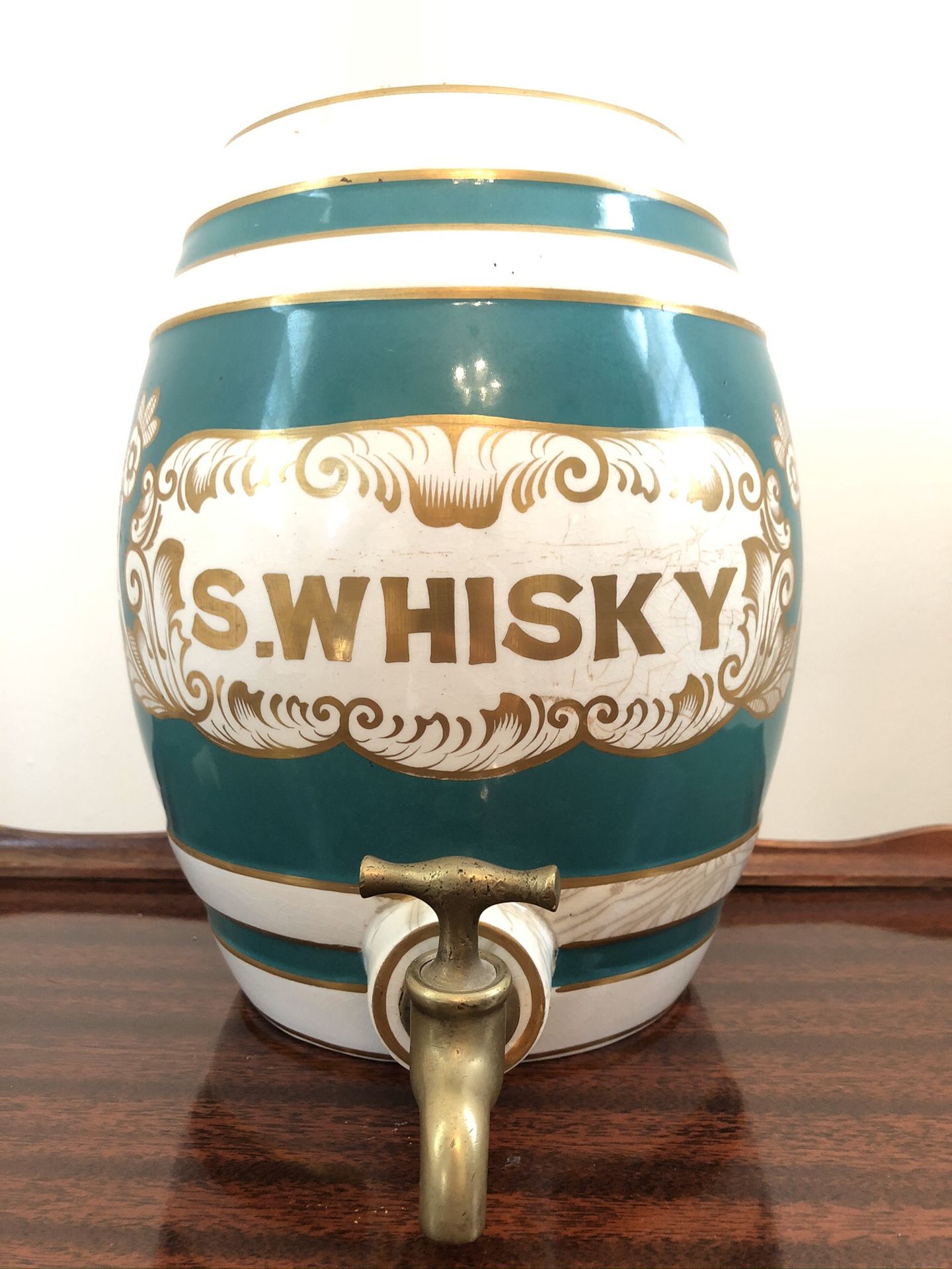 Scotch Whiskey Keg Barrel - 19th Century - Vintage Antique S. Whisky Ceramic Ceramic Keg Barrel Jug with Pour Spout - Teal Green and Gold