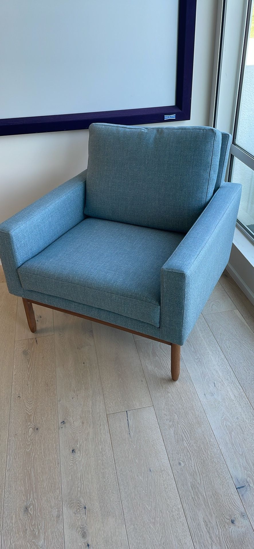 Chair aqua blue fabric from designed by Jeffrey Burnett & Nicholas Dodziuk for design within reach wooden frame ex cond as is pick up