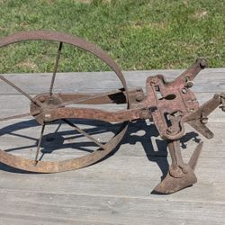 Vintage Miniature Metal Plow with Large Spoked Wheel Farm Implement 15" Long

