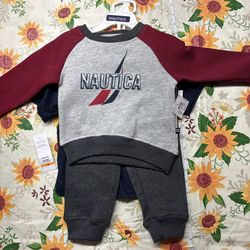 Nautica 3pc Sweatsuit Blue/Burgundy/gray 12 Months 