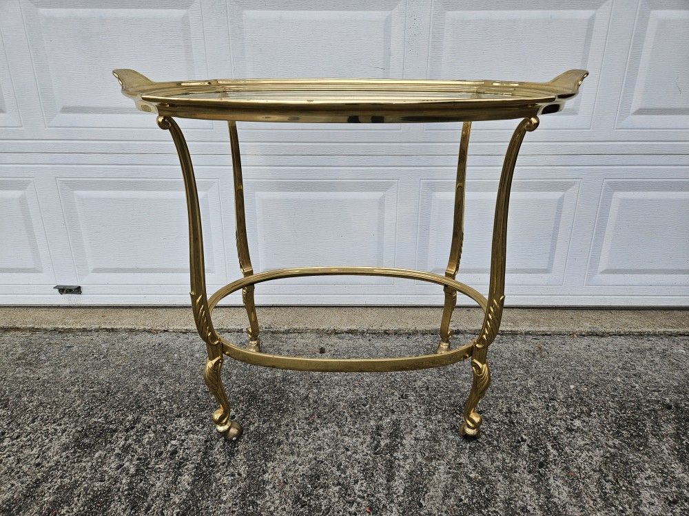 High Quality Vintage French Style Solid Brass and Glass Top Serving Cart