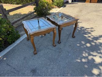 Solid oak end tables with lead glass inserts