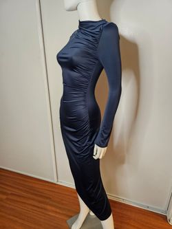 NWT H&M Sexy Formal Elegant Navy Ruched Long Sleeve Midi Dress w/ Slits Size S
