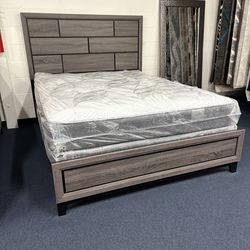 Queen bed frame, mattress, and boxspring package deal