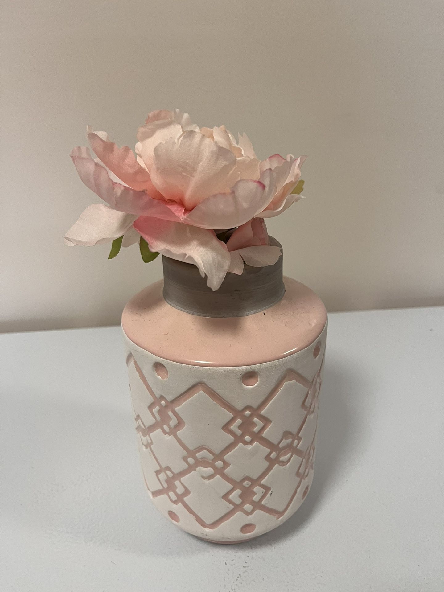 Pink & Gray Vase With Faux Flowers