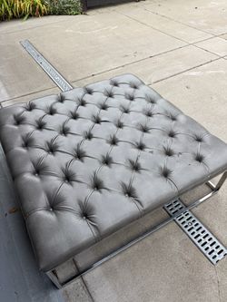 Large Tufted Leather Ottoman with Chrome Base