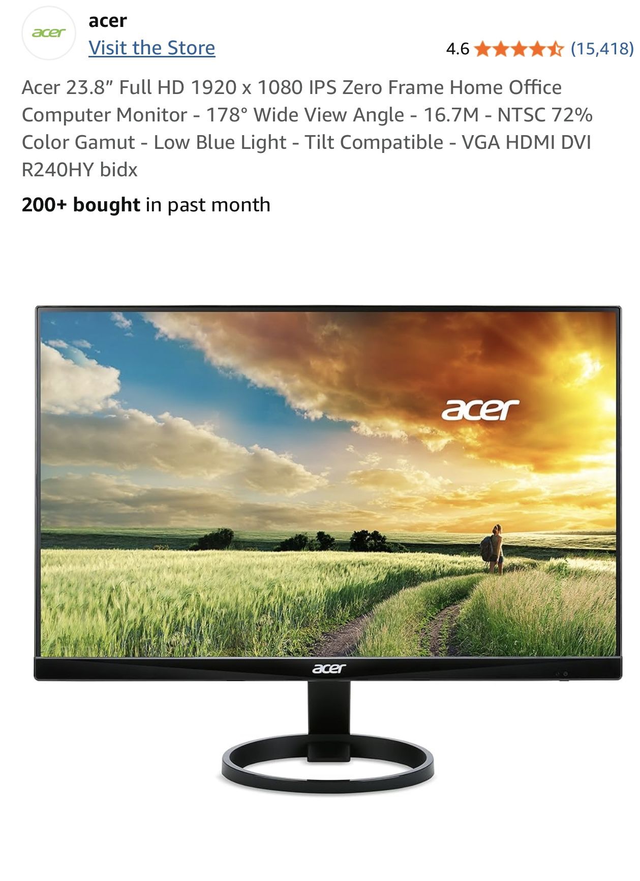 Acer 23.8” Full HD 1920 x 1080 IPS Zero Frame Home Office Computer Monitor - 178° Wide View Angle - 16.7M - NTSC 72% Color Gamut - Low Blue Light - Ti