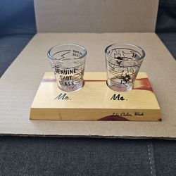Vintage Mr. And Mrs. Shot Glass Set With Wood Holder