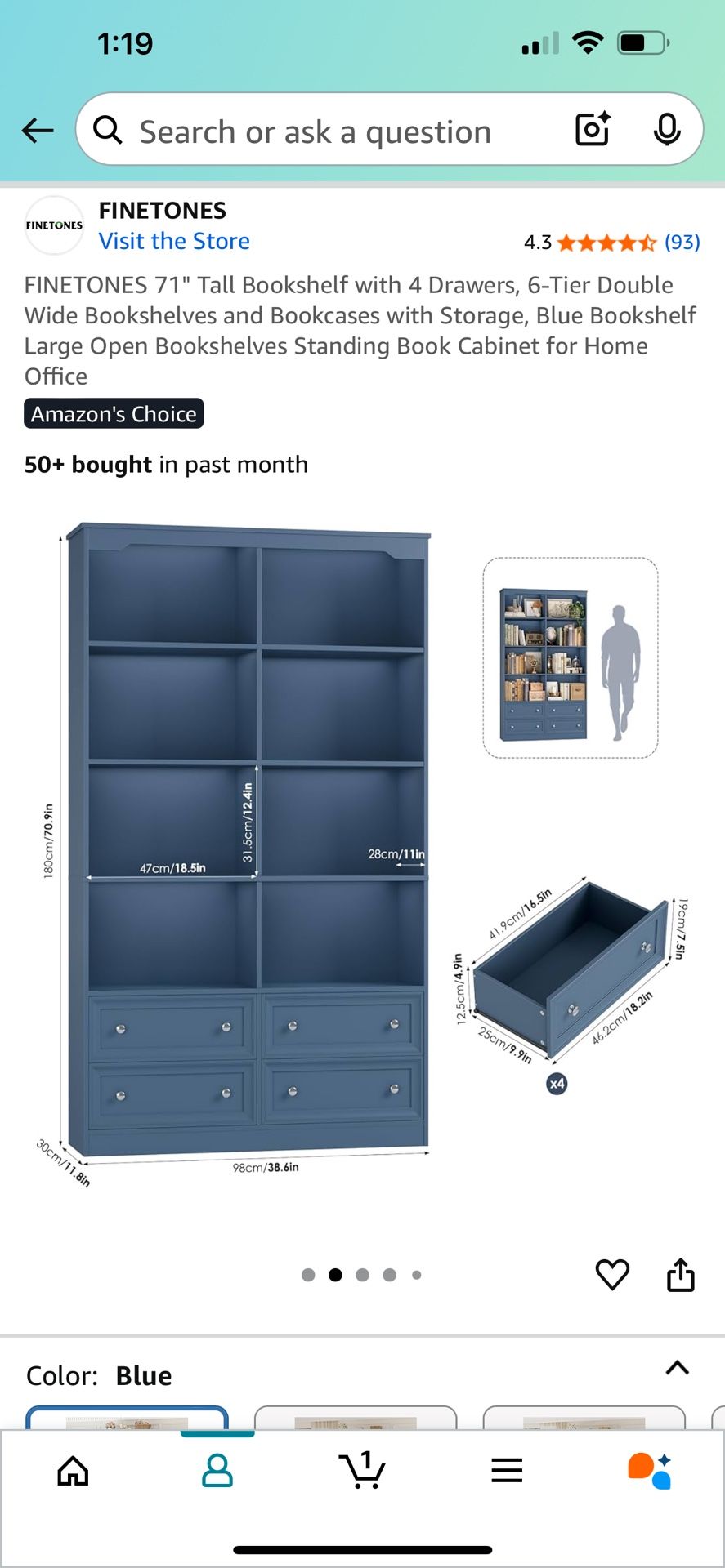 blue bookshelf with drawers