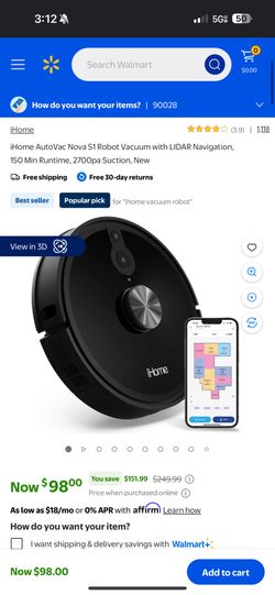 iHome AutoVac Nova S1 Robot Vacuum with LIDAR Navigation, 150 Min Runtime, 2700pa Suction
