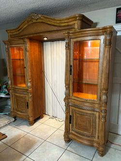 Glass Cabinets With Glass Shelves & Lights- Solid Wood- Good Condition