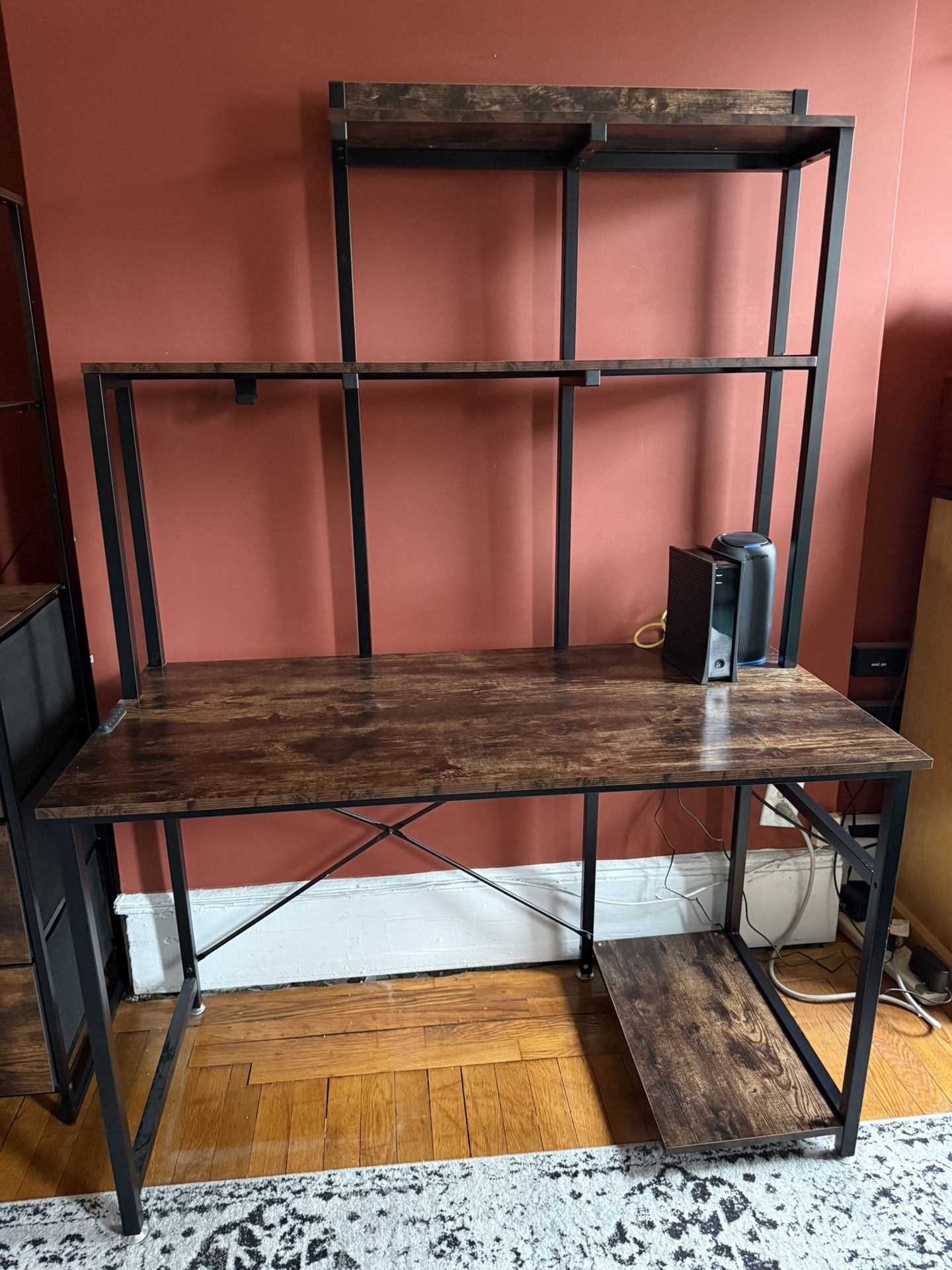 Beautiful Spacious Black & Dark Wood Work Desk With Attached Shelves