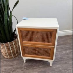 Fully-Assembled 2-Drawer Woven Cane Front Accent Nightstand with Brass Knobs, Distressed White