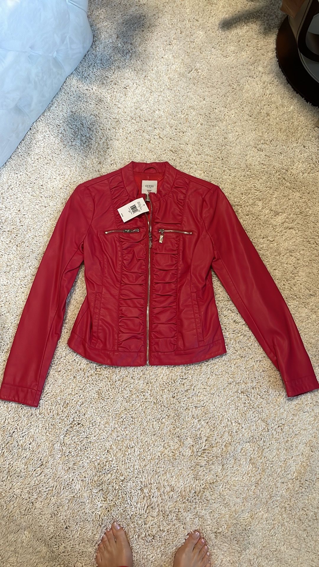 New Guess Red Silver accents zipper long sleeve Jacket faux leather ruching small