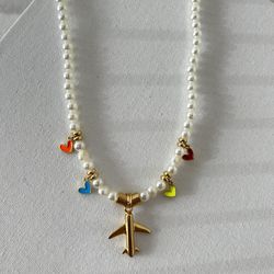 Pearl Necklace With Airplane Charm And Mini Colorful Hearts, Elegant Necklace , Love travel