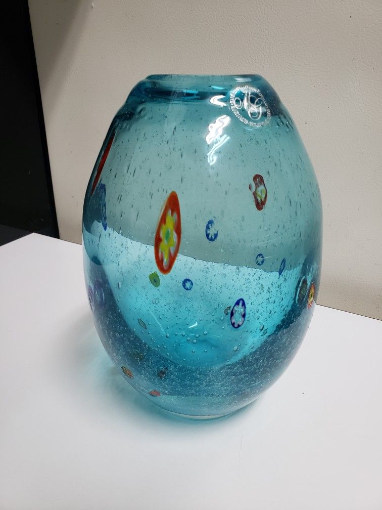 Margies Garden California Designer Modern Hand Blown Blue Infused Flowers Glass Vase