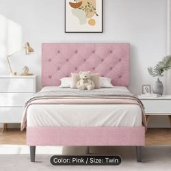 Pink Twin Bed Frame With Headboard, Linen Fabric Upholstered Bed Frame With Wood Slats NEW IN BOX