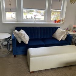 Futon couch like new with 2 marble side tables and ottoman