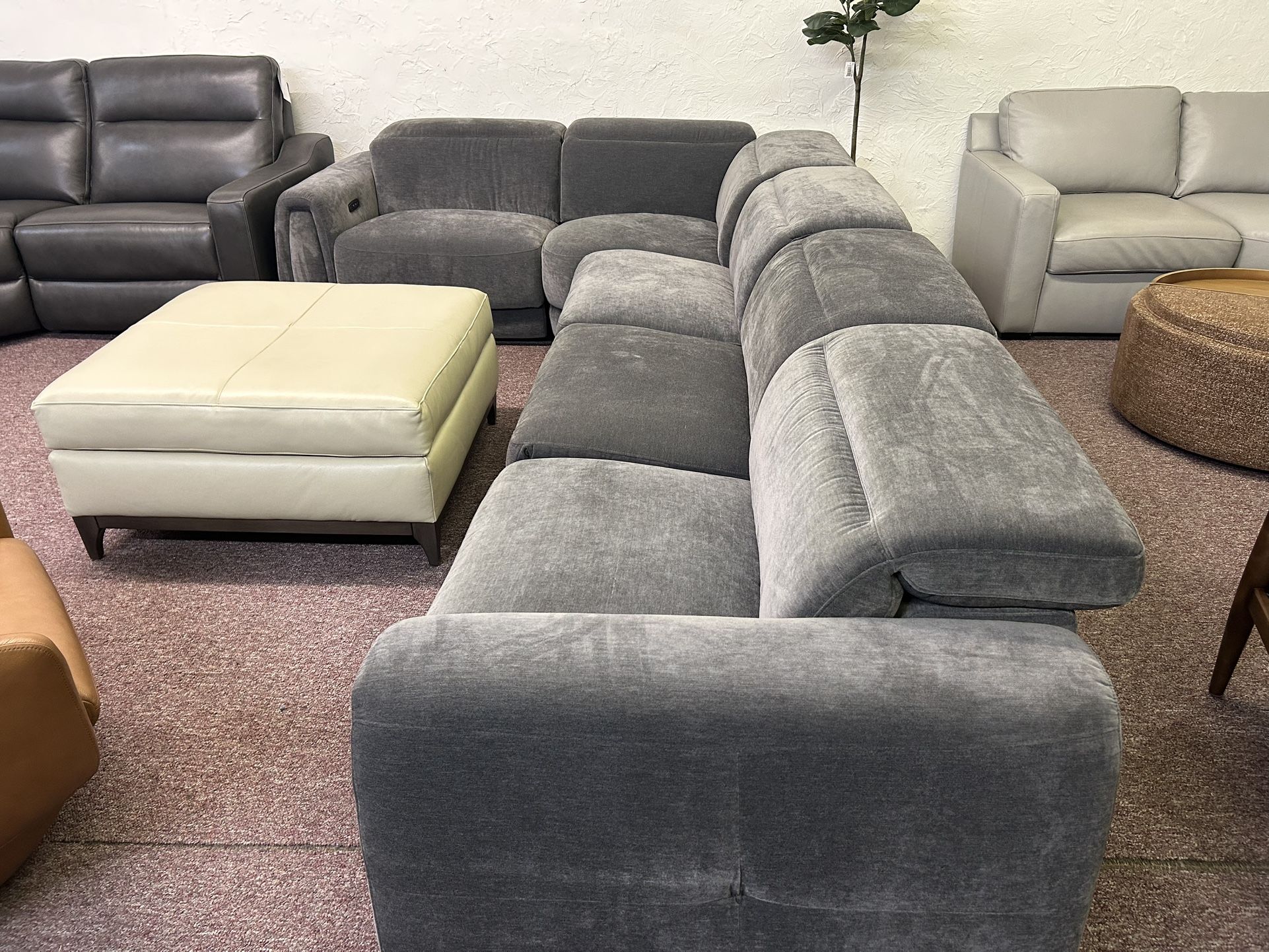 Furniture- 5 Pc Two Tone Fabric Sectional With 3 Power Recliners- Brownel