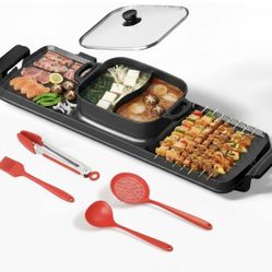2250W Electric Grill and Hot Pot Combo, 29 x 9.5 Inch Smokeless Indoor BBQ Grill with Easy to Clean, Dual Zone Temperature