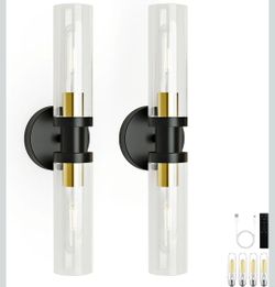 10000mAh Wireless Wall Sconces Set of 2, Rechargeable Battery Operated Wall Lights Remote Control Black & Gold No Hardwired Timer Dimmable Glass Wall