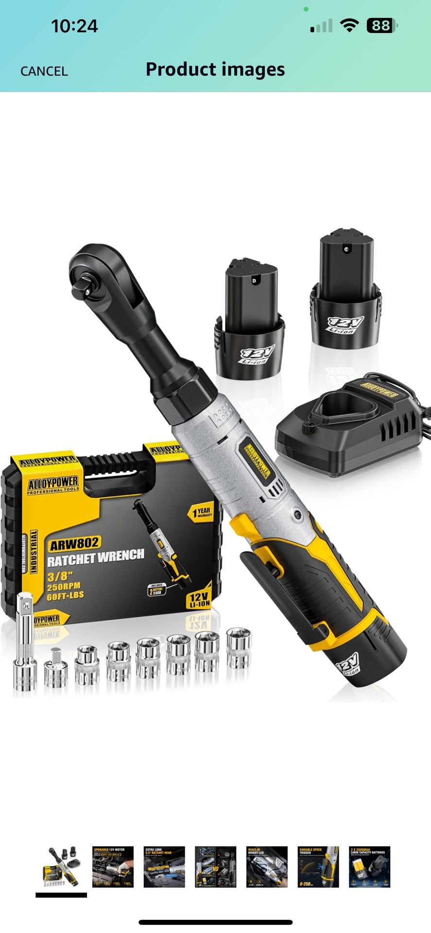 3/8" 12V Extended Cordless Ratchet Wrench, 60 Ft-lbs Extended Power Ratchet, 2 Batteries Electric Ratchet Wrench with Variable Speed, 6 Sockets, LED L