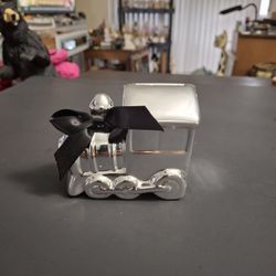 Ceramic Locomotive Silver Glazed Coin Bank With Ribbon And Bottom Stopper Intact 3.5"H X 4"L X 2.5W