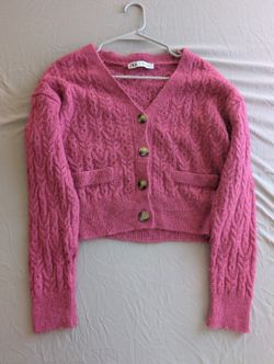 Zara Women's Small Fuzzy Knit Cardigan Sweater Hot Pink