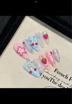 Blue and Pink Fruits Design Press-On Nails