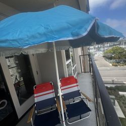 2 Portable Backpack Beach Chairs And Beach Umbrella