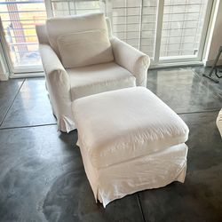 Sixpenny Elias Arm Chair and Ottoman - Feather Down Fill in Pacific Pearl (white) Cotton Linen Fabric 