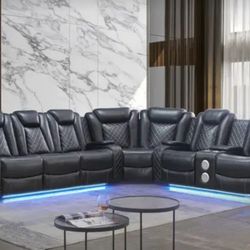 New 3pcs Black Leather Air Power Reclining Sectional w/ USB Speaker and LED Light