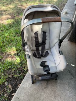 Beige Nuna demi grow stroller and pipa car seat bundle with extra seat for dual ride