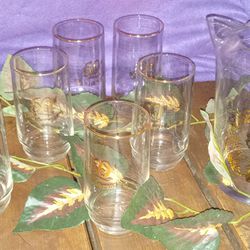 Vtg. 50th Golden Anniversary Drink Glass Set of 8, 6 Cups, Pitcher, & Candy Dish Graphics & Rim