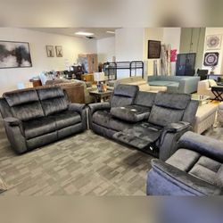 3PC DARK GRAY Fabric Power Recliners Sofa Set w/ Drop Down Tray