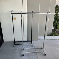 New In Box $25 Each Clothing Garment Rack With Coat Hanging Hooks Black It Chrome Finished With Wheels 