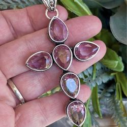 Large Pink Topaz Cross Silver 3.4” Pendant