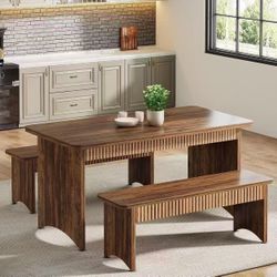F1996 3-Piece Dining Table Set, 55" Dining Room Table with 2 Benches for 4-6 People, Farmhouse Rectangular Dining Room Table Set for Kitchen, Dining R