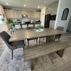Wooden Modern Farmhouse Dining Table With Chairs And Bench