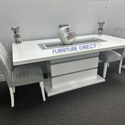 Beautiful, White Wood Lacquer, Dining Table, Features, Diamonds On Sale Now With Four Free, Gray Velvet Dining Chairs