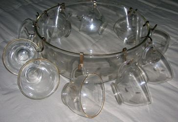 RARE Antique Vintage c.1960's 13 piece HEAVY GRAPES PUNCHBOWL WITH CUPS Etched Glass Gold Rim Set