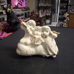 Mid 20th Century Hand-painted 3 White Angel Choir Singers Porcelain W/Gold Accents Planter-2 Playing Instruments & 1 W/Songbook 5Hx5.5Wx3.75D