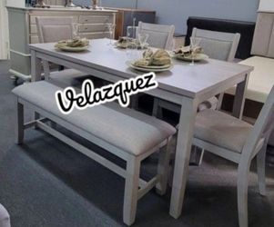 ✅️✅️ 6 pc light finish wood  dining table set padded seat chairs and bench ✅️✅️