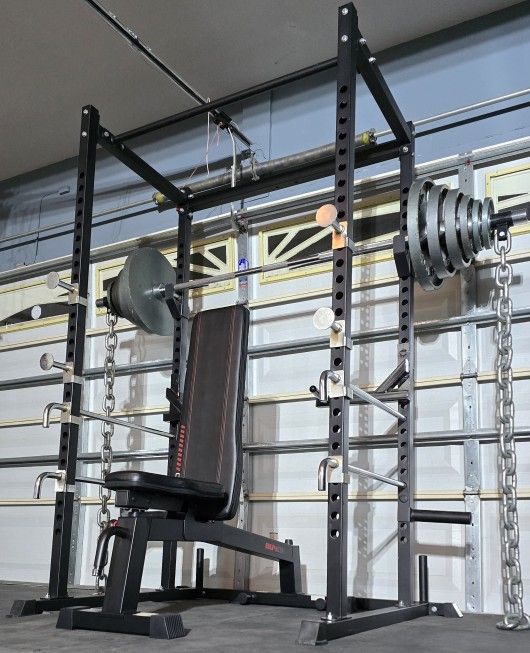 《 FREE 》SQUAT RACK + ADJUSTABLE BENCH + OLYMPIC WEIGHT PLATES + OLYMPIC BARBELL + WEIGHT TREE