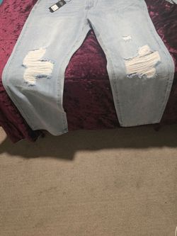 Only One Non Stretch Ripped Straight Leg Jean. Light wash
