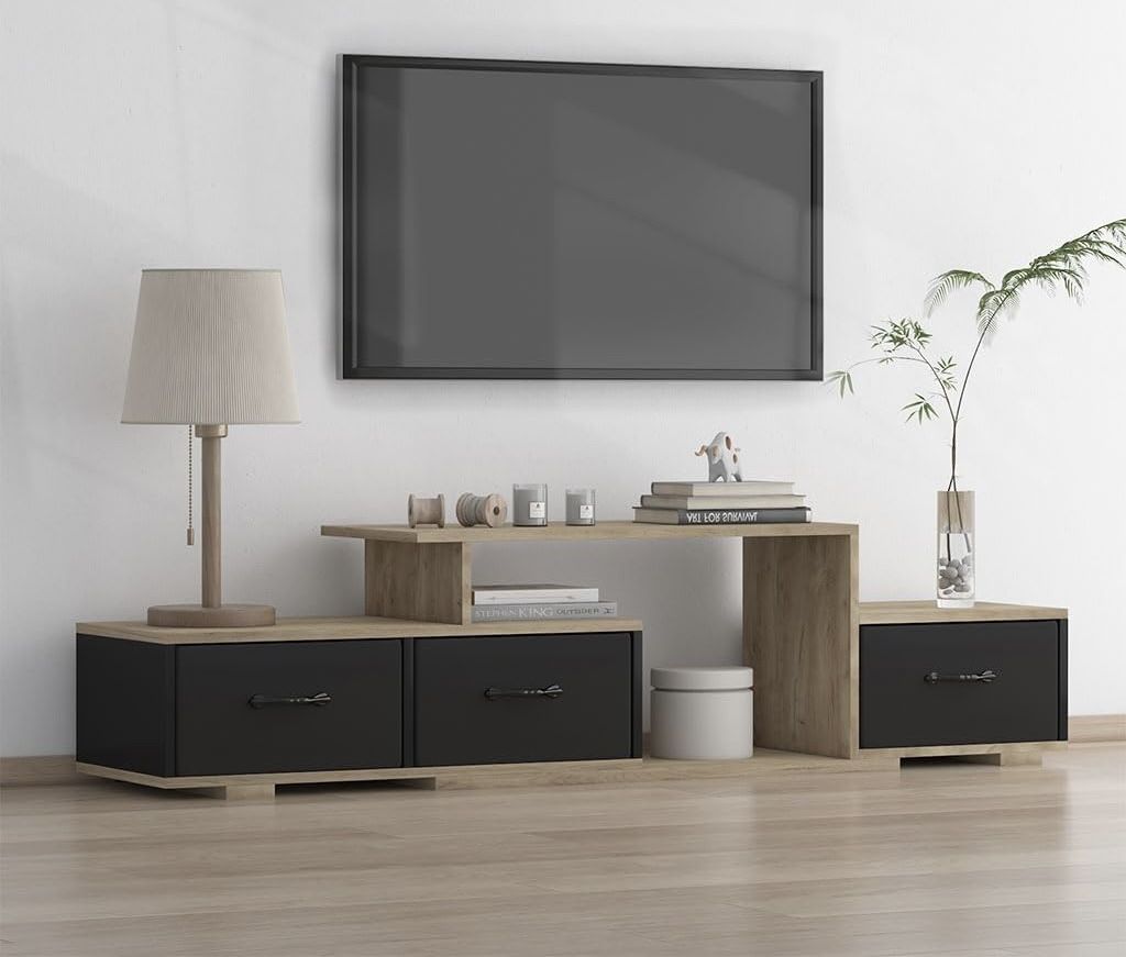NEW Mid Century TV Stand W/ 3 Fabric Drawers & Shelf, TV Cabinet, Media Entertainment Center !