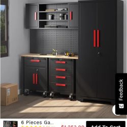 6 Pieces Garage Cabinet & Storage System Set 81.5" Tool Organization Work Bench Pegboard Shelf Box Black Red