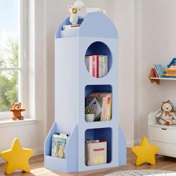 Kids Bookshelf and Toy Storage, 3-Tier Rocket Baby Cabinet with Side Shelves, Wood Open Toddler Bookcase, Spacious Display Organizer for Children Play